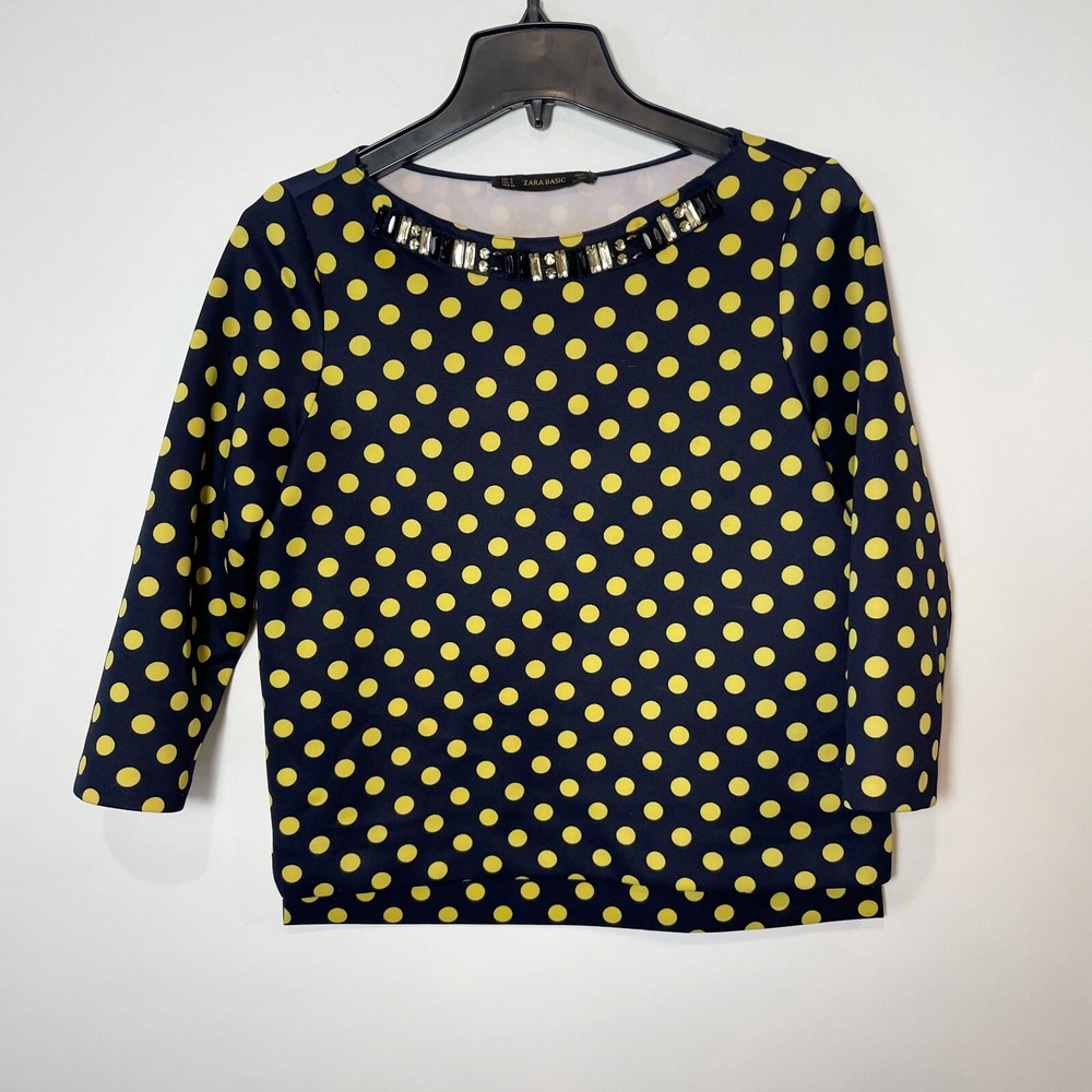 ZARA‎ Basic Womens Jaclyn Smith Polka Dot Blouse Navy Yellow S 3/4 Sleeve Jewels